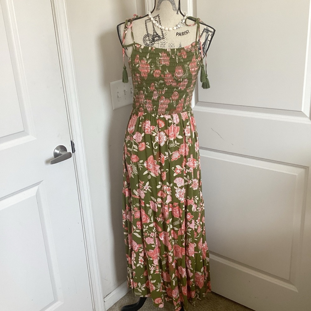 Patrons of Peace Olive Green Maxi Dress Pink Floral Print Tassel Tie Straps